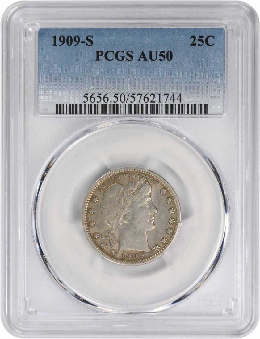 1909-S Barber Silver Quarter AU50 PCGS 90% Silver San Francisco: 1909-S Barber Silver Quarter AU50 PCGS 90% Silver San Francisco This 1909-S Barber Silver Quarter is a stunning piece graded AU50 by PCGS, showcasing the artistry of designer Charles E. Barber. Minted