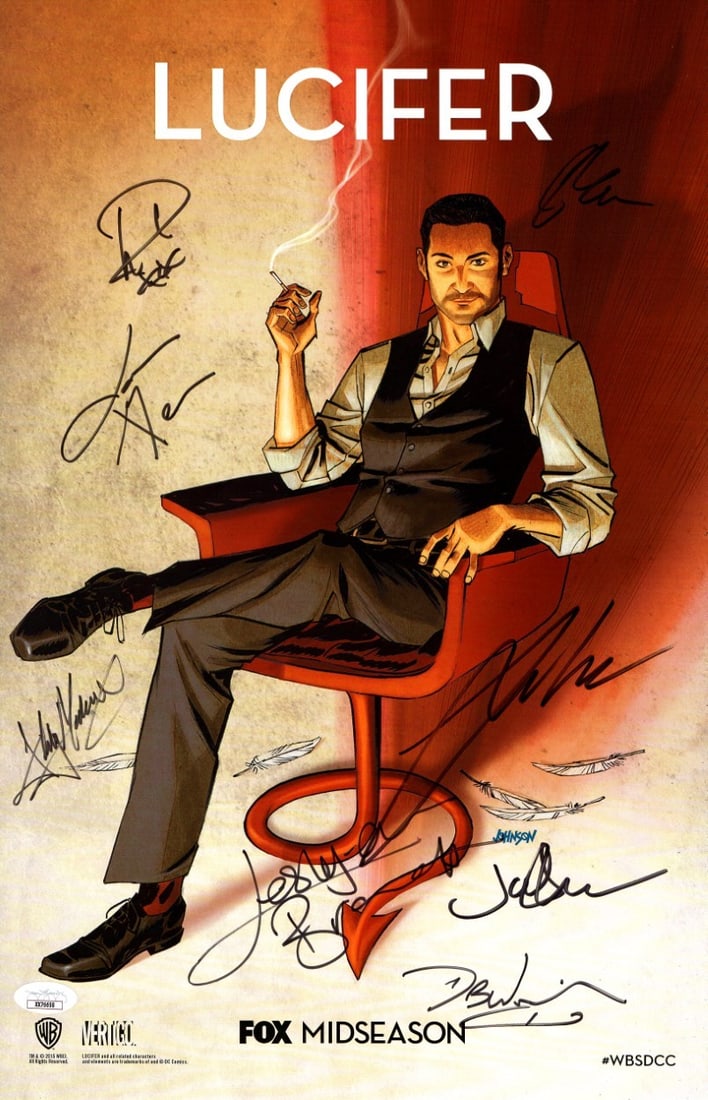 Lucifer Autographed 11X17 Poster Signed by Cast JSA Authenticated: Lucifer Autographed 11X17 Poster Signed by Cast JSA Authenticated This original 11x17 poster features autographs from the main cast of the popular series "Lucifer," including Tom Ellis, D.B. Woodside,