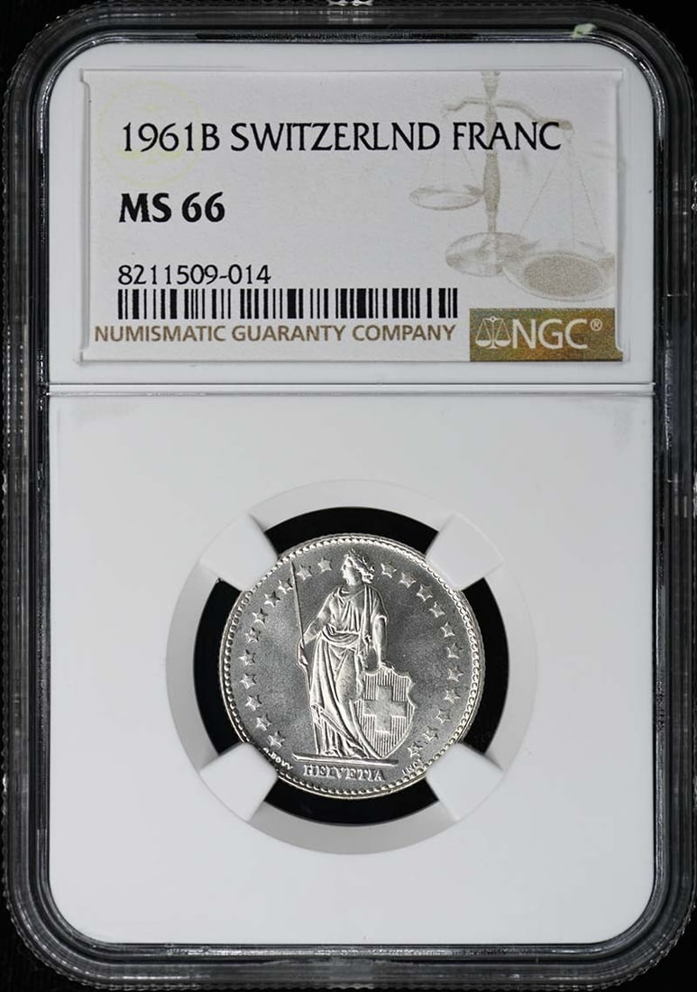 Switzerland 1961 1 Franc Coin Graded MS66 by NGC: Switzerland 1961 1 Franc Coin Graded MS66 by NGC This is an un-used 1961 Switzerland Franc graded MS66 by NGC. The coin comes with NGC certification and is in pre-owned condition. Specifications Year: