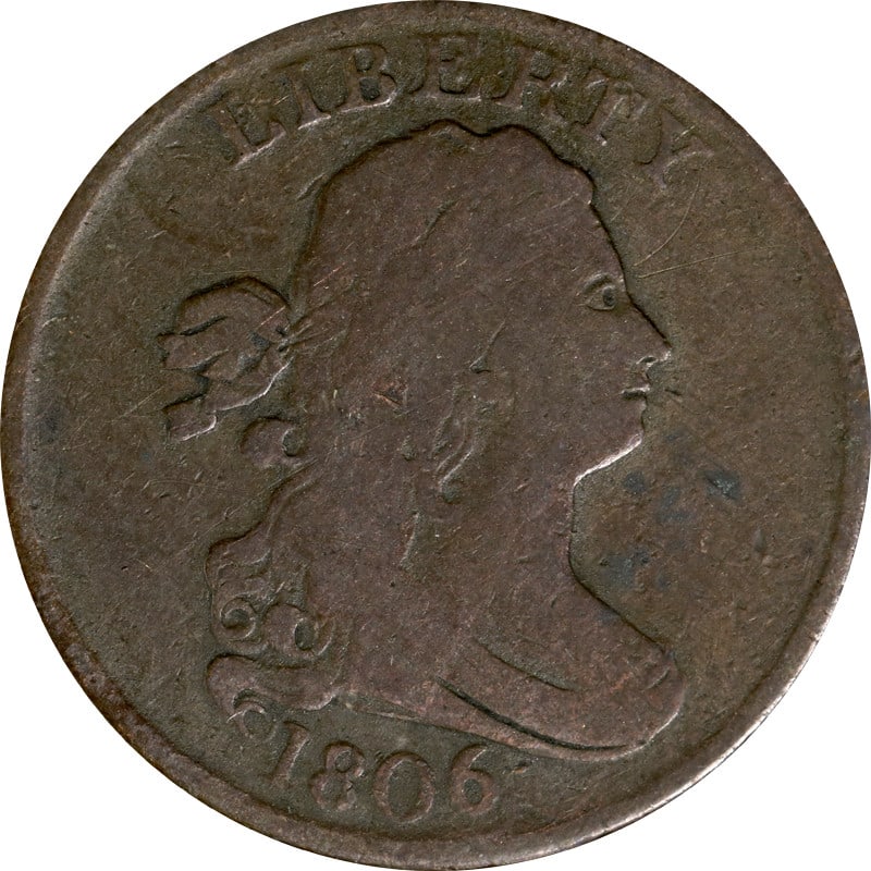 1806 United States Copper Draped Bust Half Cent Coin: 1806 United States Copper Draped Bust Half Cent Coin This 1806 Draped Bust Half Cent is a circulated coin from the United States, composed of copper. It is an example of early American coinage and is 