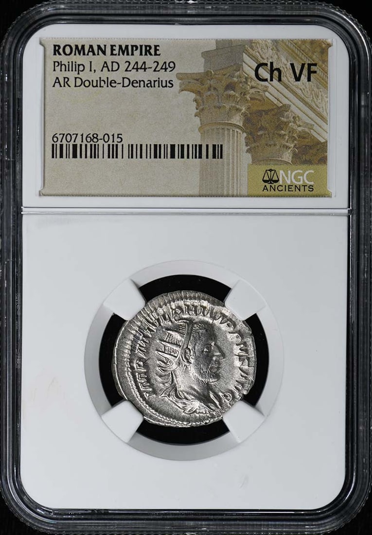 Roman AR Double Denarius Philip I NGC VF30 Certified Coin: Roman AR Double Denarius Philip I NGC VF30 Certified Coin This Roman Empire AR Double-Denarius from the reign of Philip I (AD 244-249) has been graded VF30 by NGC, indicating it is in Very Fine condit