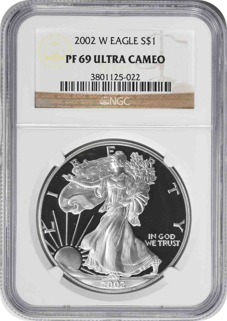 2002 American Eagle Silver Dollar Proof NGC PF69 Ultra Cameo West Point Mint: 2002 American Eagle Silver Dollar Proof NGC PF69 Ultra Cameo West Point Mint This 2002-W American Silver Eagle is a proof coin certified by NGC with a grade of PF69 Ultra Cameo. Struck at the West Poi