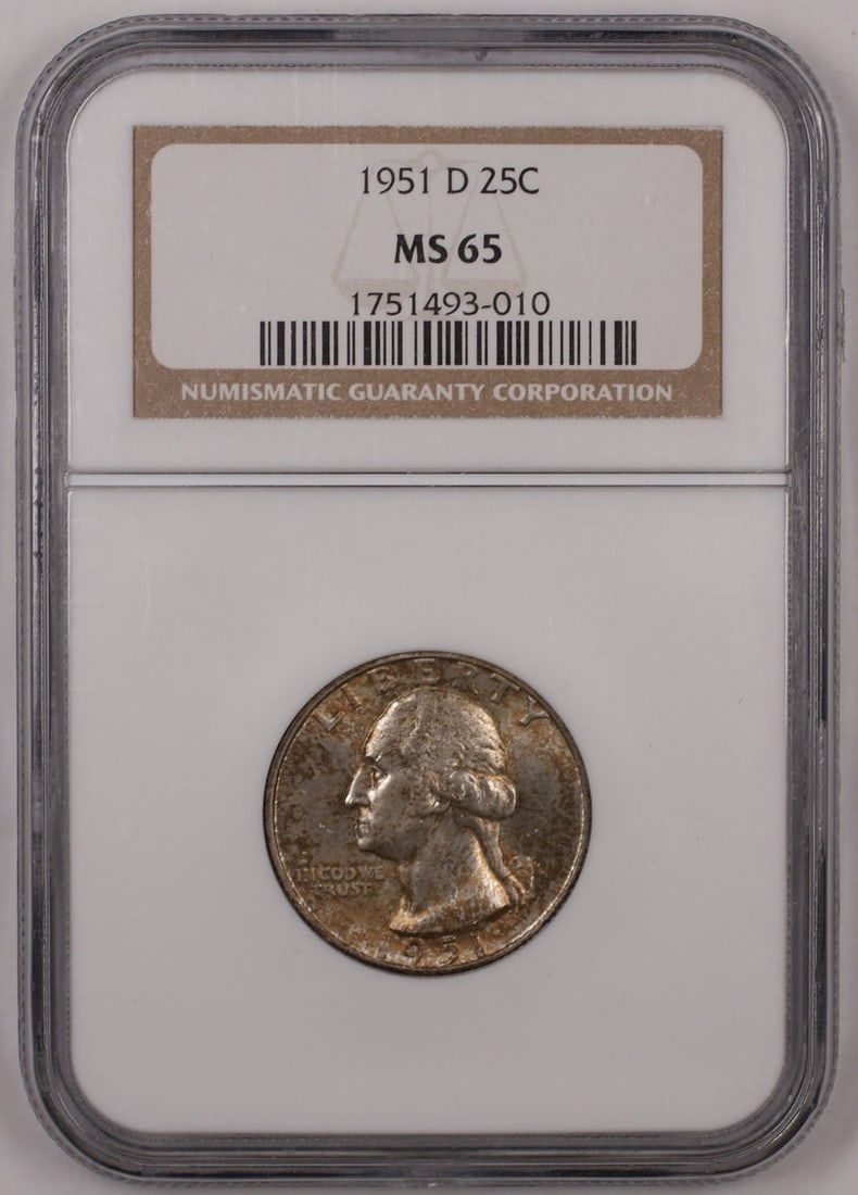 NGC MS-65 1951-D Silver 25C Washington Quarter with Toning: NGC MS-65 1951-D Silver 25C Washington Quarter with Toning This 1951-D Washington quarter is certified by NGC with a grade of MS-65. Struck at the Denver Mint, the uncirculated coin is composed of sil