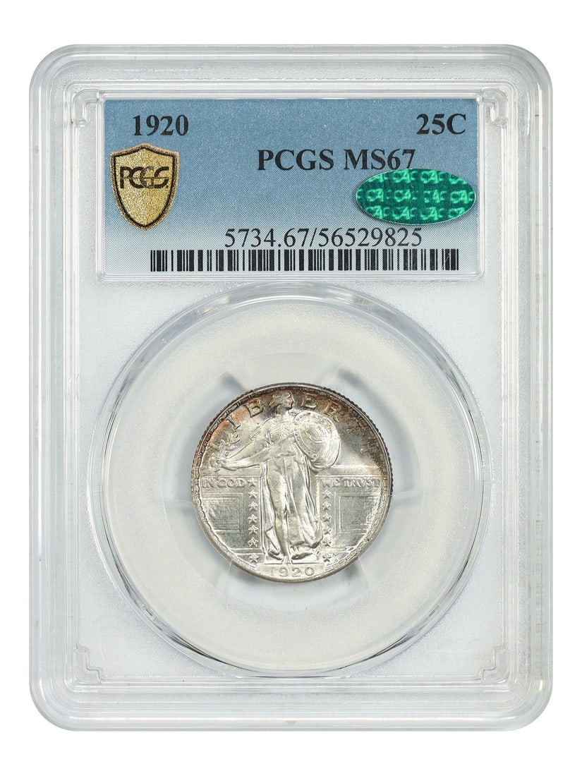 1920 Standing Liberty Quarter 25C PCGS CAC MS67 Philadelphia Mint: 1920 Standing Liberty Quarter 25C PCGS CAC MS67 Philadelphia Mint This 1920 Standing Liberty Quarter is graded MS67 by PCGS and verified by CAC, signifying its exceptional quality and eye appeal. The 