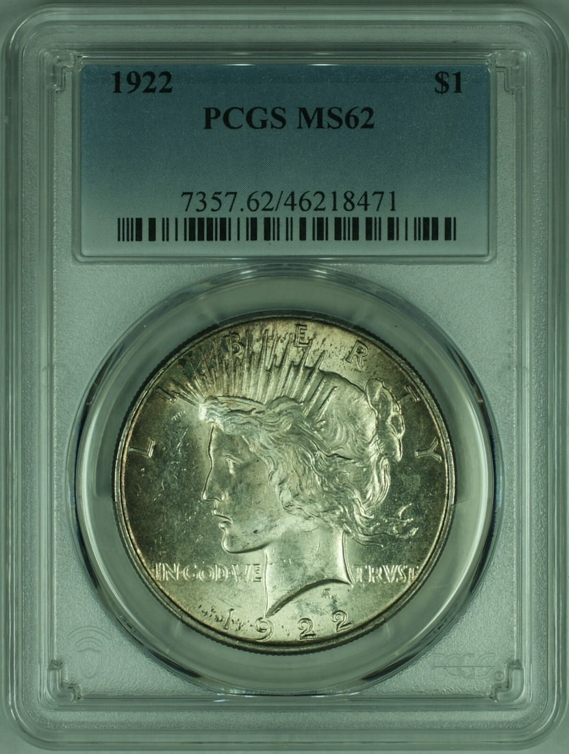 PCGS MS62 1922 Peace Dollar Silver Coin with Light Toning: PCGS MS62 1922 Peace Dollar Silver Coin with Light Toning This 1922 Peace Silver Dollar is certified by PCGS with a grade of MS-62 and features light toning. Minted in Philadelphia, this uncirculated 