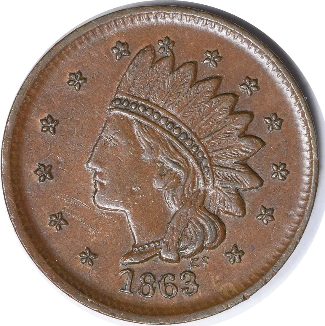 Indian Head Civil War Token 1863 Patriotic Variety 62/367 Uncertified: Indian Head Civil War Token 1863 Patriotic Variety 62/367 Uncertified This is an 1863 Civil War token featuring an Indian Head design with a patriotic motif. It is marked as variety 62/367 and remains