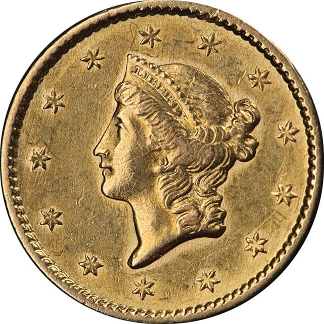 1850 Philadelphia Type 1 Liberty Gold Dollar XF AU Eye Appeal: 1850 Philadelphia Type 1 Liberty Gold Dollar XF AU Eye Appeal This 1850-P Type 1 Liberty Gold $1 coin features attractive eye appeal and a well-defined strike. It is graded XF/AU, showcasing nice colo
