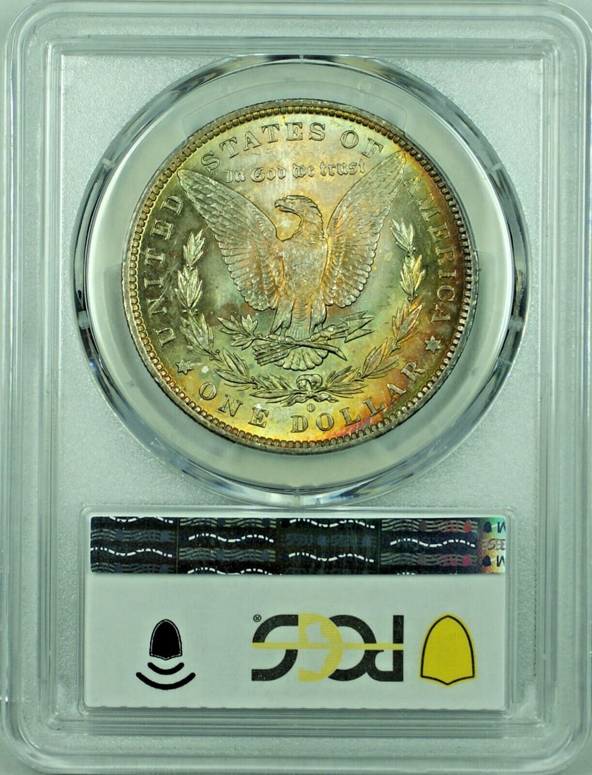 PCGS MS 63 Morgan Dollar 1884-O Silver Rainbow Toned $1 Coin: PCGS MS 63 Morgan Dollar 1884-O Silver Rainbow Toned $1 Coin This 1884-O Morgan Silver Dollar features a striking rainbow toning and is certified by PCGS with a grade of MS 63. Minted in the United St