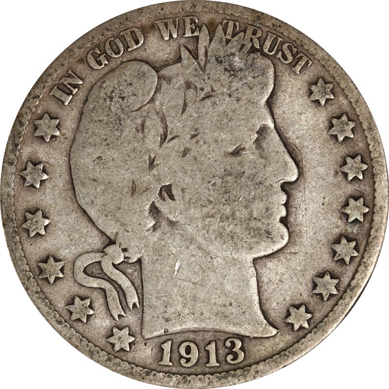 1913-P Barber Half Dollar Silver Coin with Reverse Rim: 1913-P Barber Half Dollar Silver Coin with Reverse Rim This 1913-P Barber Half Dollar features a reverse rim and is a remarkable piece of numismatic history. The coin is composed of silver with a fine