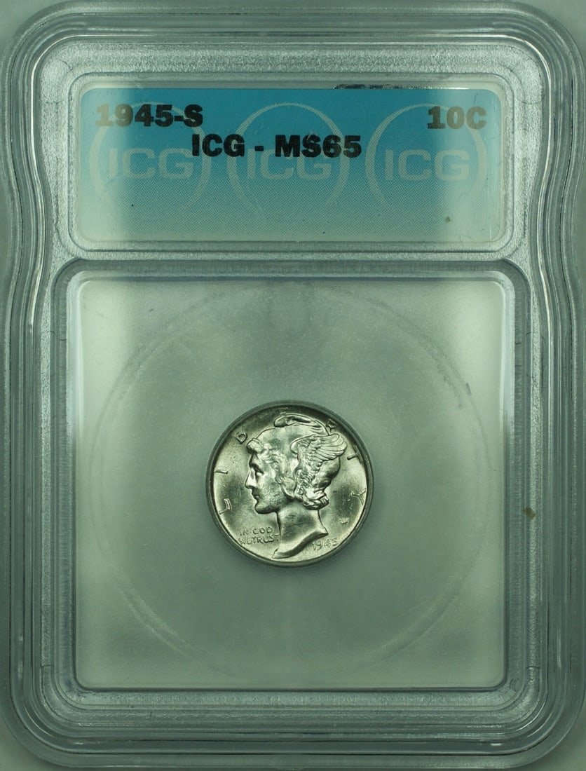 ICG MS-65 1945-S 10C Mercury Silver Dime Uncirculated Coin: ICG MS-65 1945-S 10C Mercury Silver Dime Uncirculated Coin 1945-S Mercury Silver Dime graded MS-65 by ICG. This un-used 10-cent coin was minted in San Francisco and is composed of 90% silver. Specific
