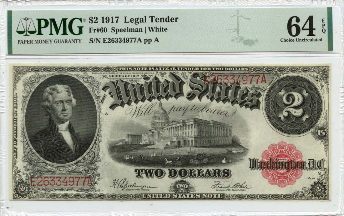 PMG EPQ MS64 1917 $2 Legal Tender Note FR60 Uncirculated: PMG EPQ MS64 1917 $2 Legal Tender Note FR60 Uncirculated This 1917 $2 Legal Tender Note features a small red scalloped design and is graded as Uncirculated by PMG with a certification number of 808725