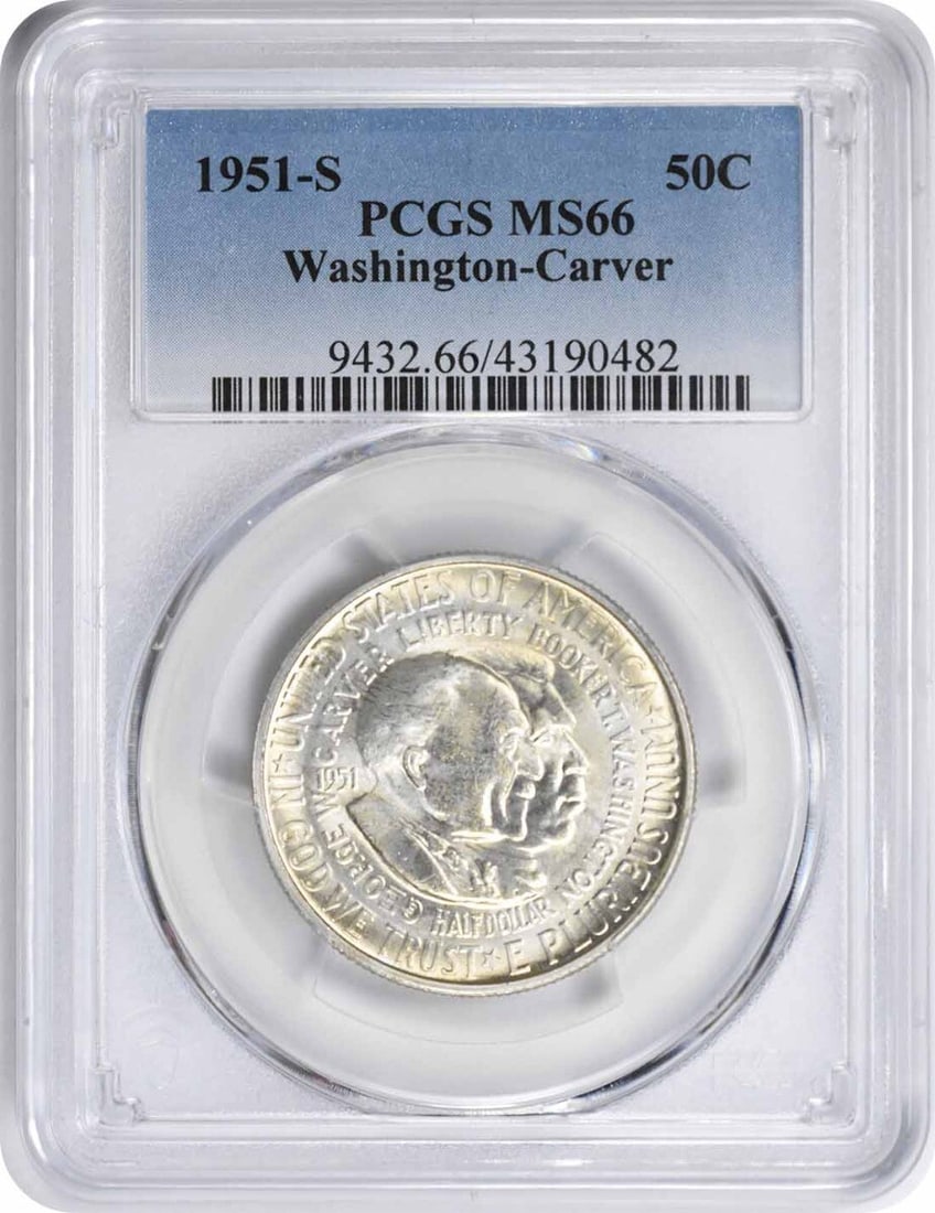 W. Carver Commemorative Silver Half Dollar 1951-S MS66 PCGS Certified: W. Carver Commemorative Silver Half Dollar 1951-S MS66 PCGS Certified This 1951-S W. Carver Commemorative Silver Half Dollar is a remarkable piece, certified by PCGS with a grade of MS66. Struck in Sa