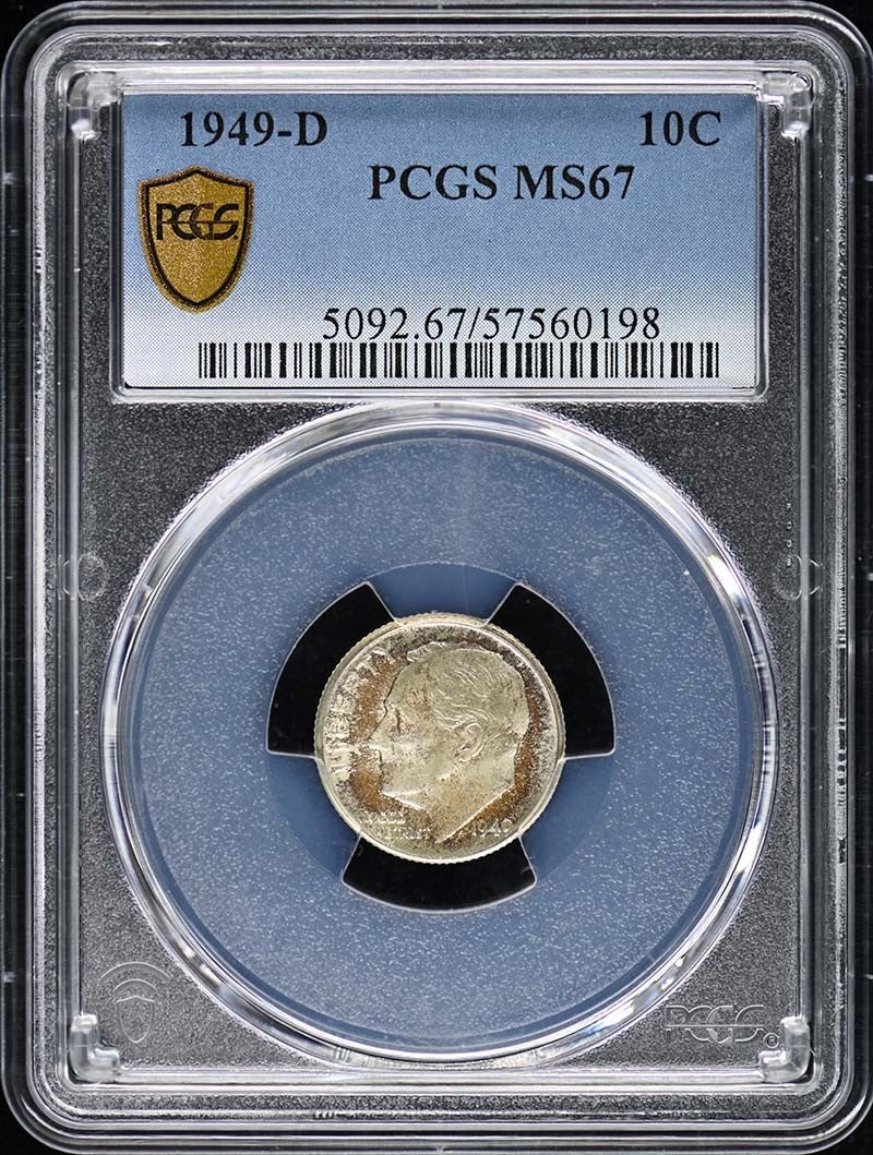 1949-D Roosevelt Dime PCGS MS67 Uncirculated Denver Mint: 1949-D Roosevelt Dime PCGS MS67 Uncirculated Denver Mint This 1949-D Roosevelt Dime is certified by PCGS with a remarkable grade of MS67, indicating its uncirculated condition. Minted in Denver, this 