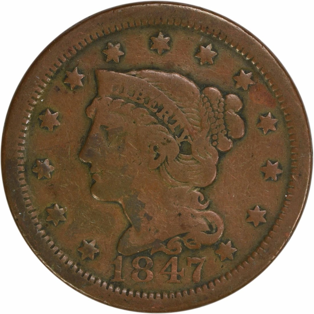 1847 Braided Hair Large Cent VF Uncertified Copper Coin: 1847 Braided Hair Large Cent VF Uncertified Copper Coin This 1847 Large Cent features a beautiful Braided Hair design, crafted in copper and unaccompanied by certification. The coin has been circulate