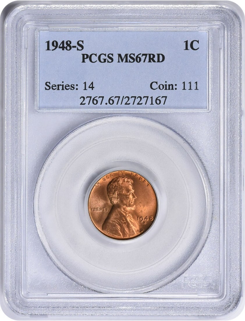 1948-S Lincoln Cent MS67RD Uncirculated PCGS Certified: 1948-S Lincoln Cent MS67RD Uncirculated PCGS Certified This 1948-S Lincoln Cent, certified by PCGS, is an uncirculated coin in exceptional MS67RD condition. Minted in San Francisco, this small cent fe
