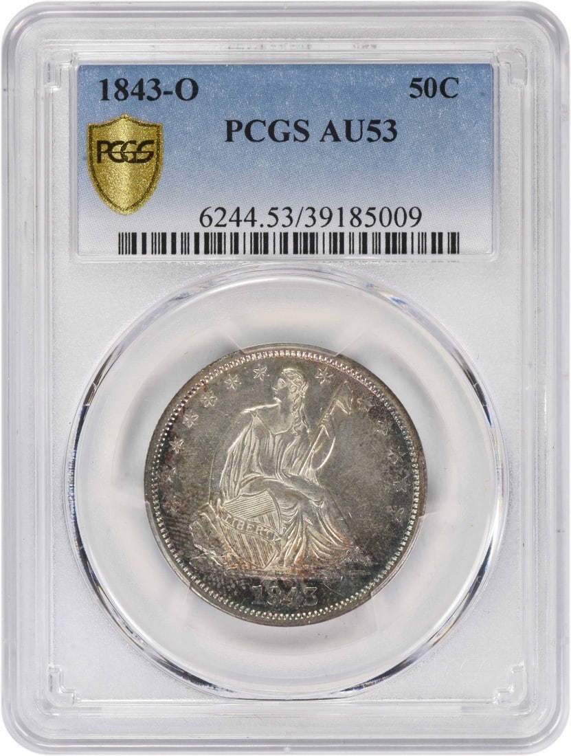 PCGS AU53 1843-O Seated Liberty Half Dollar New Orleans Mint Silver Coin: PCGS AU53 1843-O Seated Liberty Half Dollar New Orleans Mint Silver Coin This is an 1843-O Liberty Seated Half Dollar graded AU53 by PCGS. Minted in New Orleans, this circulated coin features the Seat