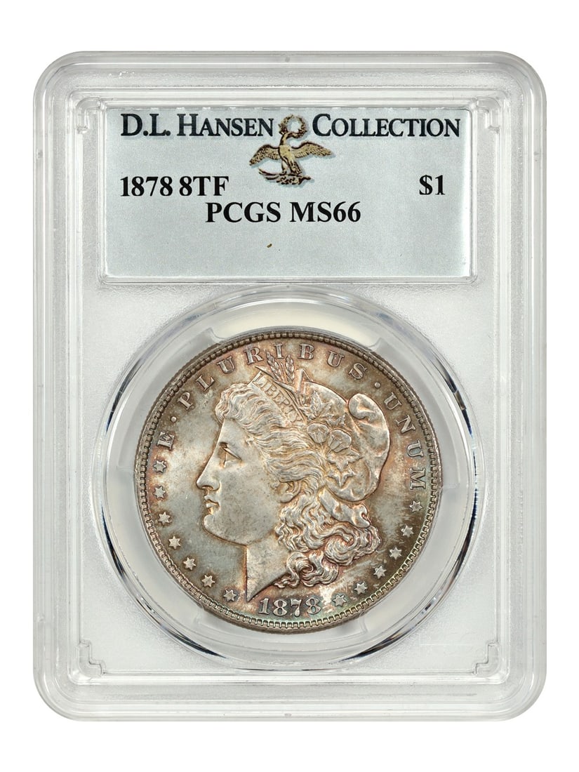 PCGS MS66 1878 8 Tailfeather Morgan Dollar ex D L Hansen: PCGS MS66 1878 8 Tailfeather Morgan Dollar ex D L Hansen This is an 1878 8 Tailfeather Morgan Dollar graded MS66 by PCGS, ex: D.L. Hansen. This first-year issue is an appealing variety, featuring a pr