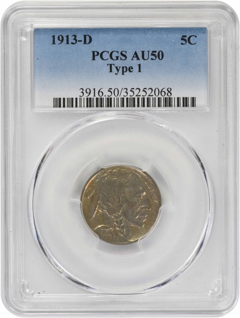 Buffalo Nickel 1913 Denver Mint Type 1 Graded AU50 by PCGS: Buffalo Nickel 1913 Denver Mint Type 1 Graded AU50 by PCGS This 1913-D Buffalo Nickel Type 1 has been graded AU50 by PCGS. Minted in Denver, this pre-owned coin features the iconic Buffalo design by J