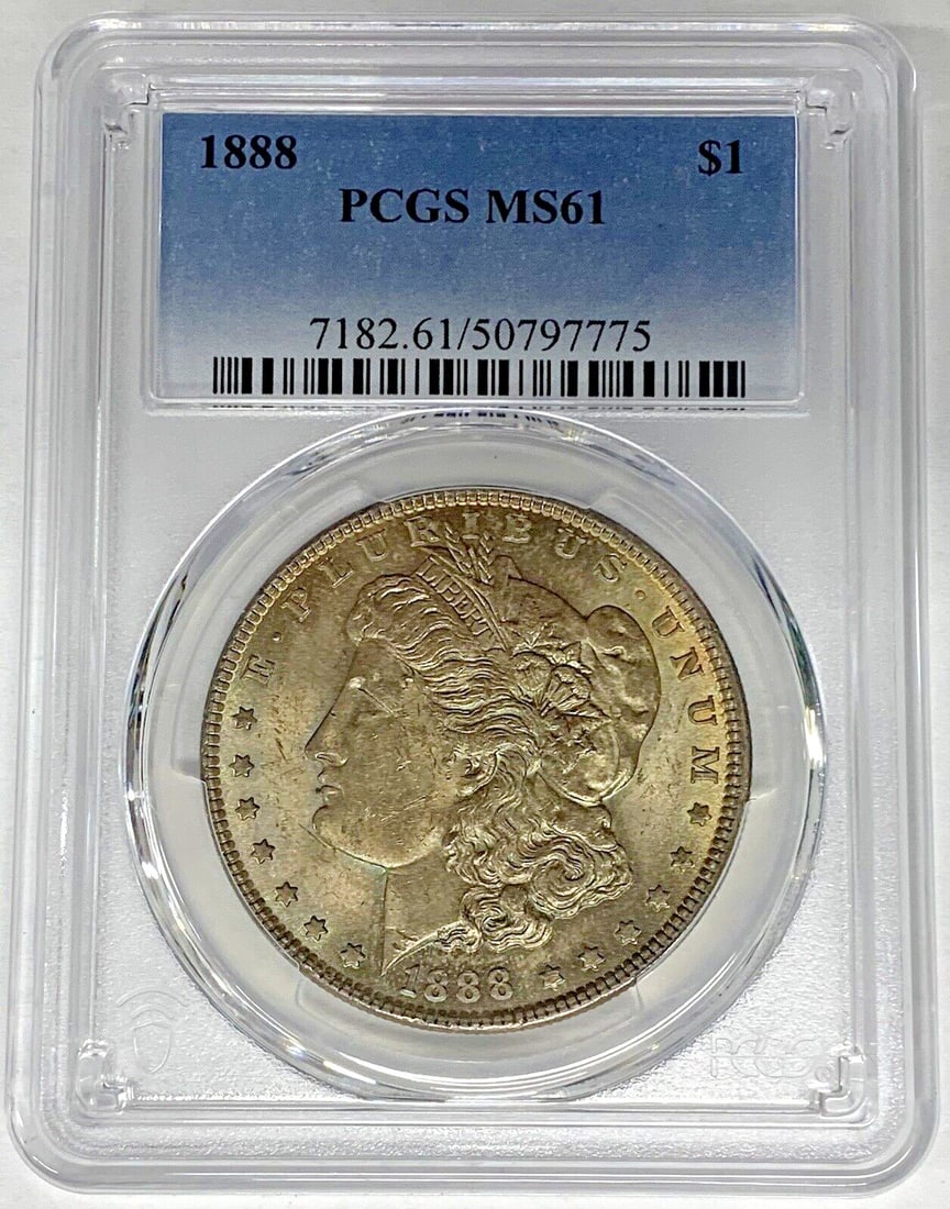 PCGS MS 61 1888 Morgan Silver Dollar with Attractive Toning: PCGS MS 61 1888 Morgan Silver Dollar with Attractive Toning This is an 1888 Morgan Silver Dollar coin from the United States, featuring natural toning. The coin is uncirculated and graded MS 61 by PCG