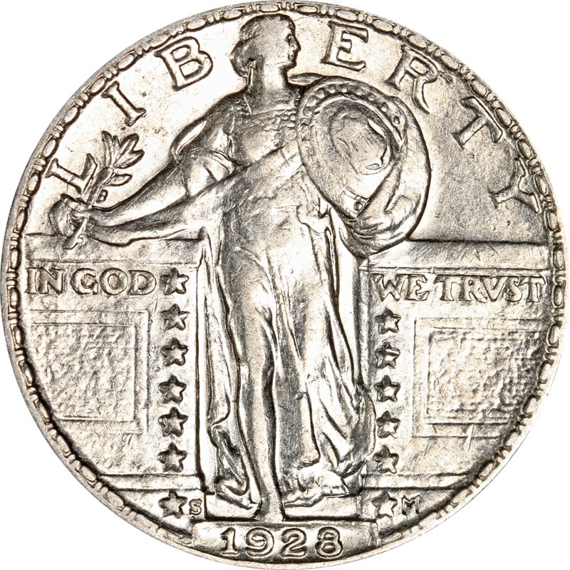 1928 San Francisco Mint Silver Standing Liberty Quarter Coin: 1928 San Francisco Mint Silver Standing Liberty Quarter Coin This is a 1928-S Standing Liberty Quarter from the United States. The coin is composed of silver with a fineness of 0.9 and was minted in S