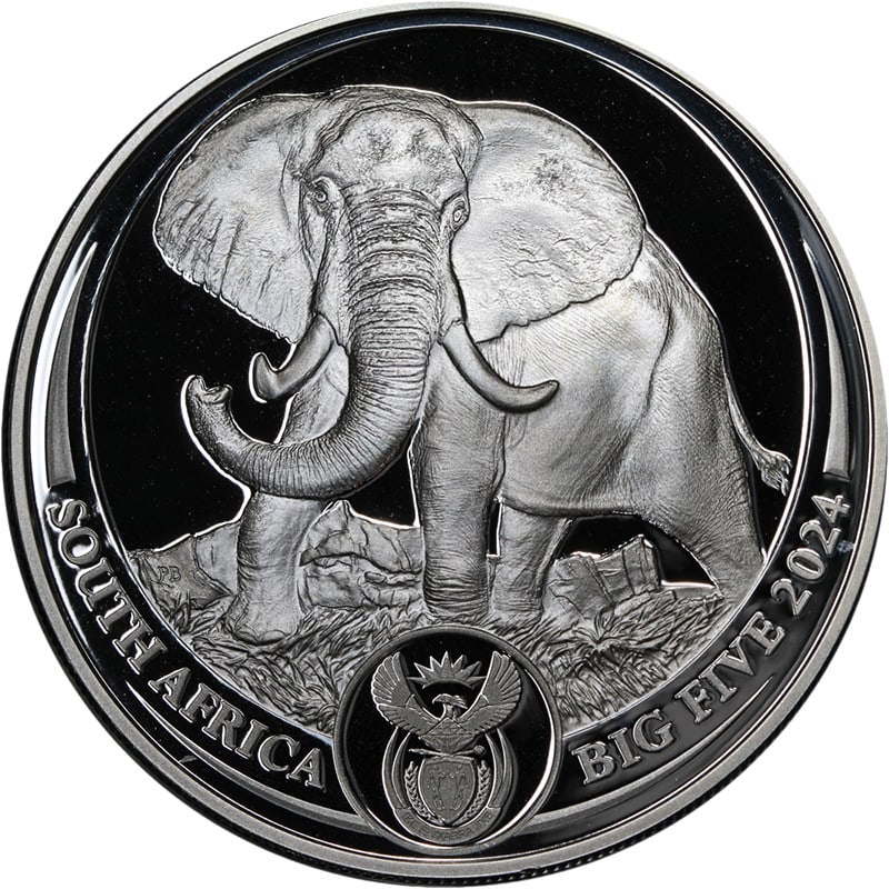 2024 Elephant Proof Silver 5 Rand Coin Big 5 Series III 1 Ounce South Africa: 2024 Elephant Proof Silver 5 Rand Coin Big 5 Series III 1 Ounce South Africa This 2024 South Africa 1 Ounce Silver 5 Rand coin from the Big 5 Series III features a proof finish and depicts the elephan