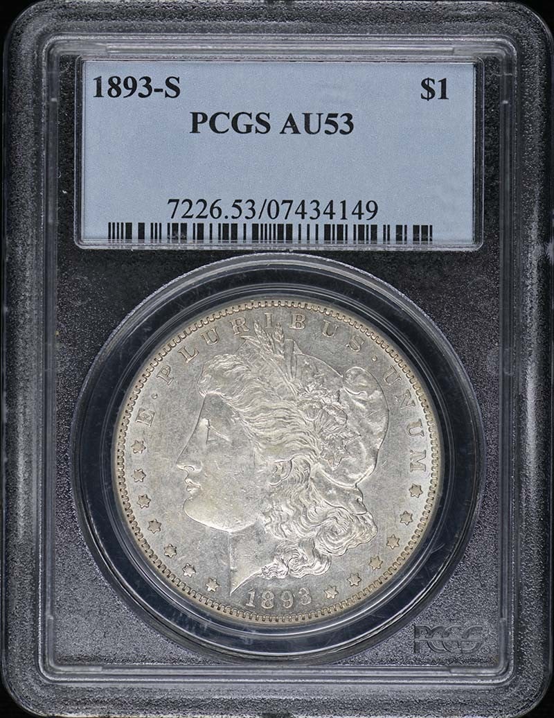 1893-S Morgan Dollar PCGS AU53 San Francisco Mint: 1893-S Morgan Dollar PCGS AU53 San Francisco Mint This 1893-S Morgan Dollar, graded AU53 by PCGS, is a remarkable piece of numismatic history. Minted in San Francisco, this circulated silver dollar sh