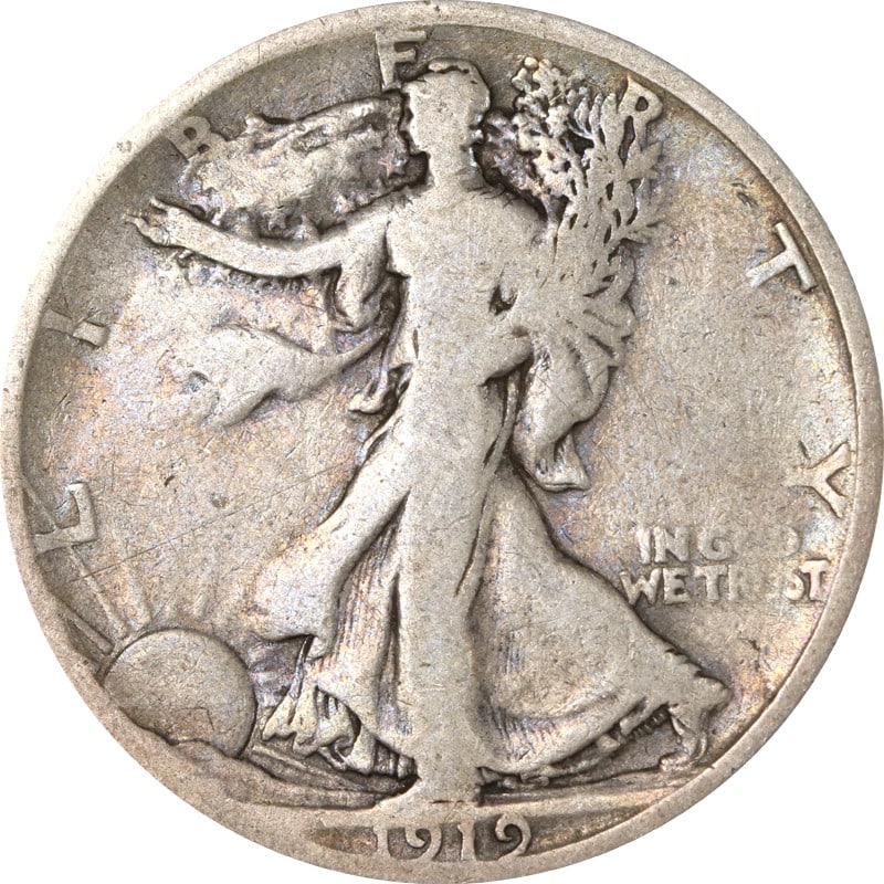 1919 San Francisco Walking Liberty Silver Half Dollar Coin: 1919 San Francisco Walking Liberty Silver Half Dollar Coin This 1919-S Walking Liberty Half is a circulated coin minted in San Francisco. Made of 90% silver, it is a pre-owned piece from the United St