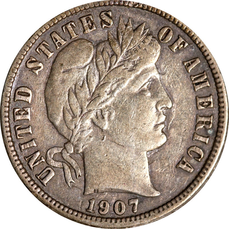 1907 New Orleans Mint Silver Barber Dime United States Coin: 1907 New Orleans Mint Silver Barber Dime United States Coin This is a 1907-O Barber Dime from the United States, minted in New Orleans. The coin is composed of silver with a fineness of 0.9 and is in 