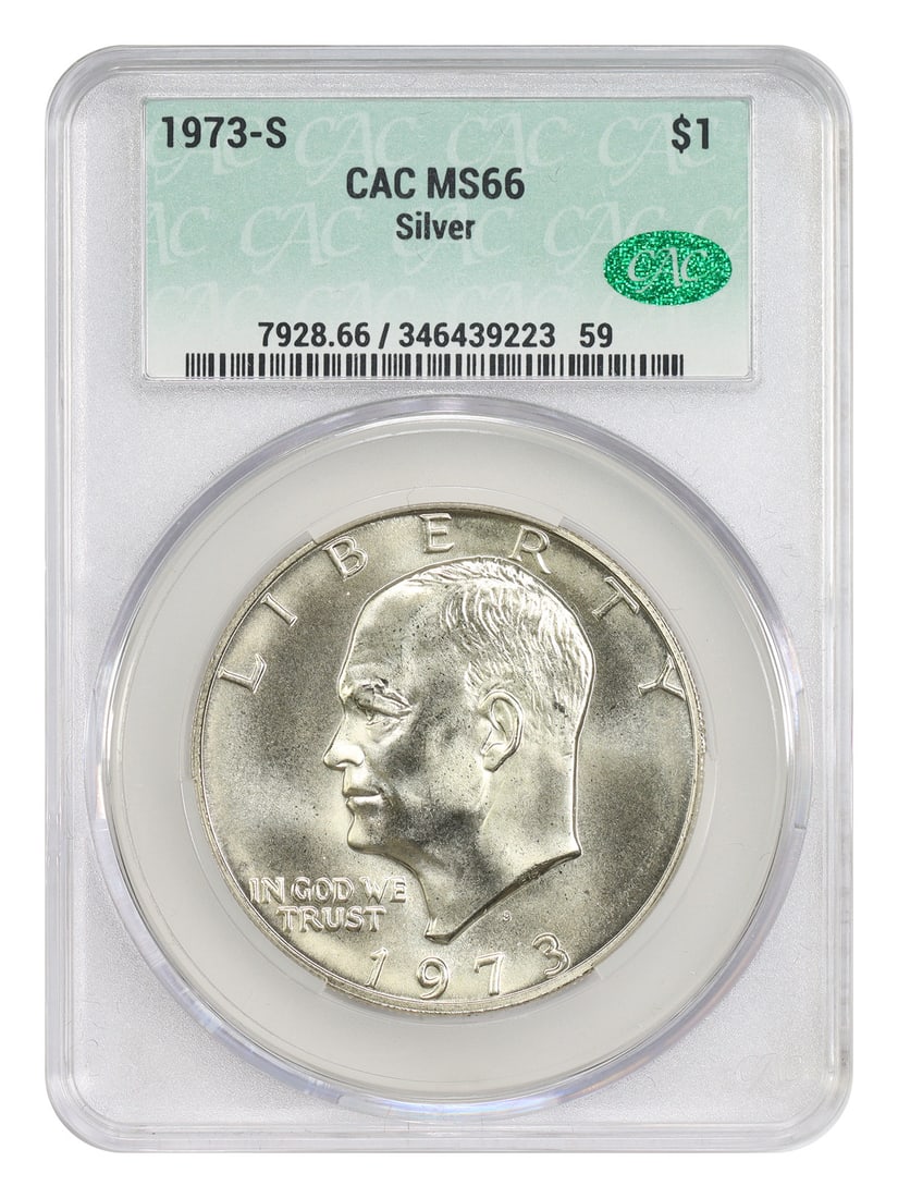 1973-S Ike Dollar Silver $1 Coin CACG MS66 Certified: 1973-S Ike Dollar Silver $1 Coin CACG MS66 Certified This 1973-S Ike Dollar is a silver coin graded MS66 by CACG. It contains .3161 oz of silver and was minted in San Francisco. The coin is uncirculat