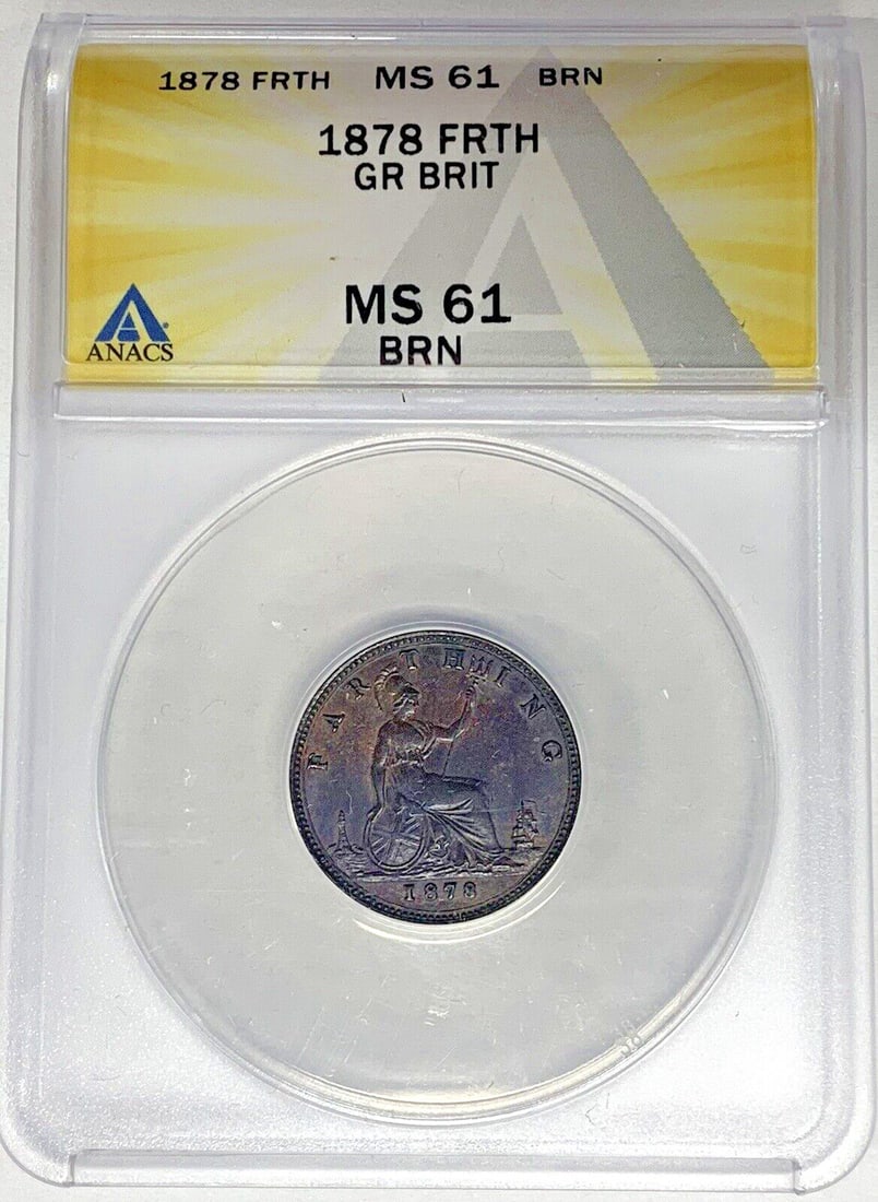 United Kingdom 1878 Farthing ANACS MS 61 Brown Certified Coin: United Kingdom 1878 Farthing ANACS MS 61 Brown Certified Coin This 1878 Great Britain Farthing coin has been certified by ANACS with a grade of MS 61 and features a brown (BN) coloration. It is a pre-