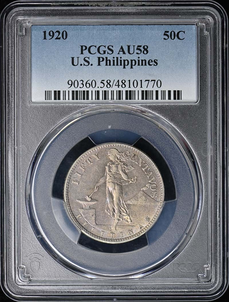 1920 Philippines Fifty Centavos PCGS AU58 Certified Coin: 1920 Philippines Fifty Centavos PCGS AU58 Certified Coin This 1920 Fifty Centavos coin from the U.S. Philippines is graded AU58 by PCGS. It is a circulated, pre-owned coin certified by PCGS, originati