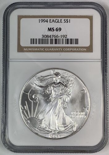 NGC Graded 1994 Silver Eagle Dollar Coin MS 69 Uncirculated: NGC Graded 1994 Silver Eagle Dollar Coin MS 69 Uncirculated This 1994 American Silver Eagle coin features a $1 denomination and is certified by NGC with a grade of MS 69. Struck in Philadelphia, it is
