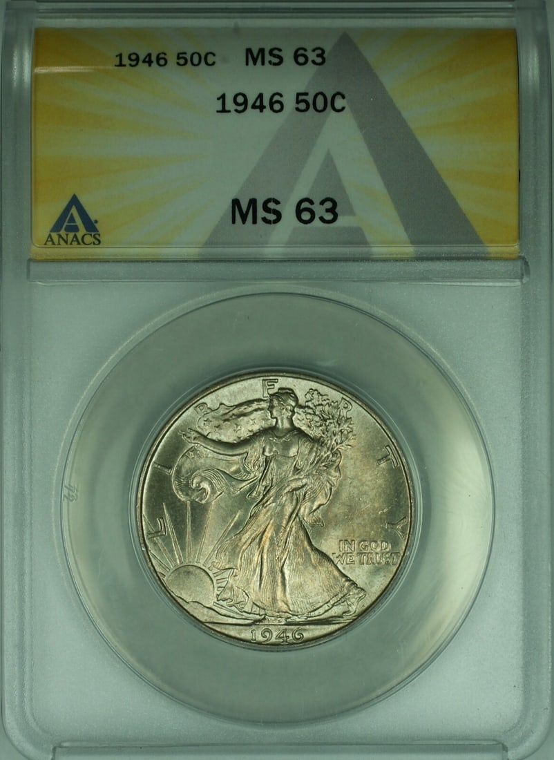 1946 Liberty Walking Half Dollar Silver 50c ANACS MS-63 Philadelphia Toned: 1946 Liberty Walking Half Dollar Silver 50c ANACS MS-63 Philadelphia Toned This 1946 Walking Liberty Silver Half Dollar features a beautiful toned finish and has been certified by ANACS with a grade o