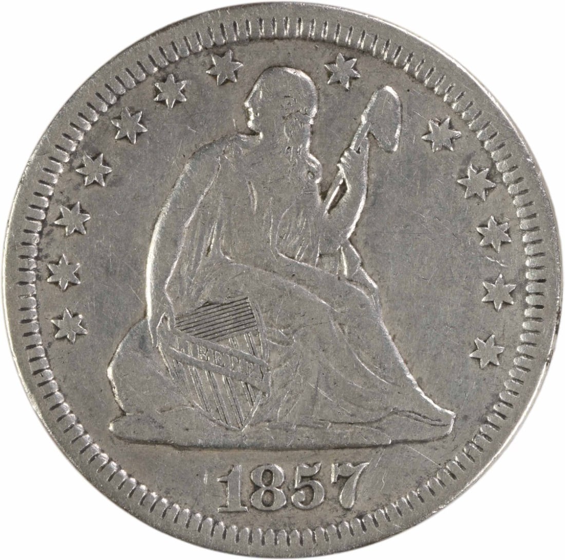 1857 Seated Liberty 25C Silver Quarter Extra Fine Uncertified: 1857 Seated Liberty 25C Silver Quarter Extra Fine Uncertified This 1857 Liberty Seated Quarter is an uncertified, circulated coin featuring the classic Seated Liberty design. Struck in Philadelphia, i