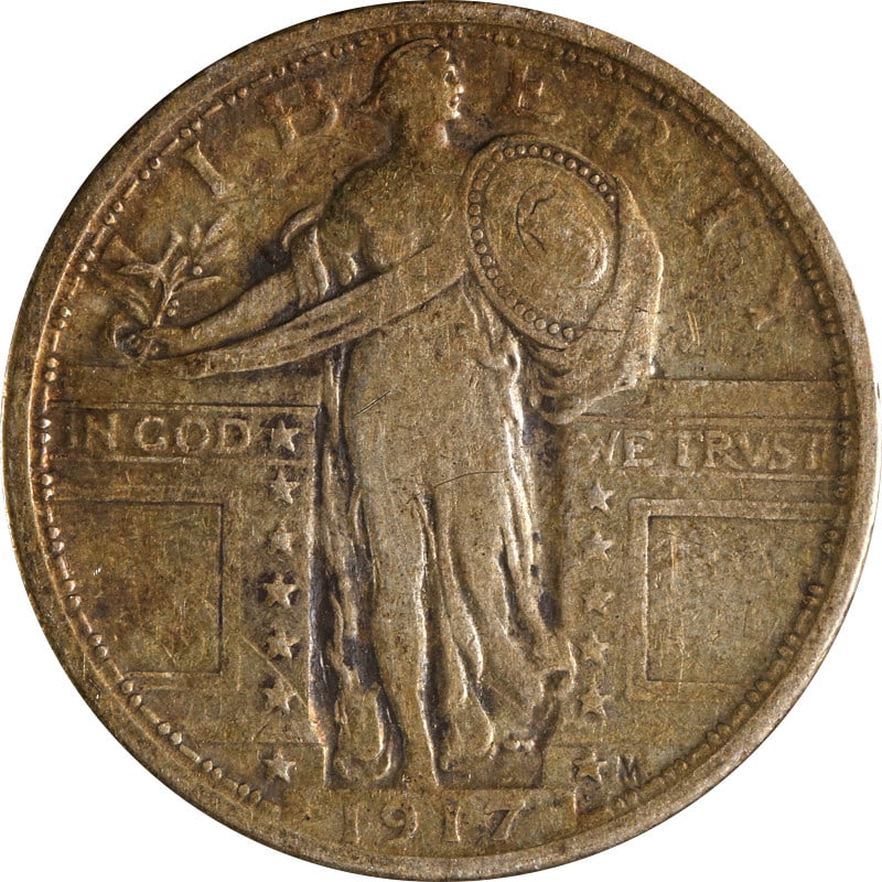 1917 Silver Standing Liberty Quarter Philadelphia Mint Type 1: 1917 Silver Standing Liberty Quarter Philadelphia Mint Type 1 This is a 1917-P Type 1 Standing Liberty Quarter from the Philadelphia Mint. The coin is composed of silver and has been circulated. It is