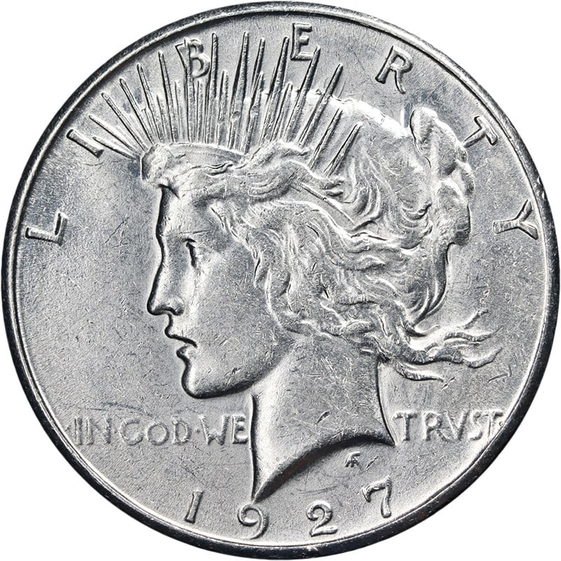Uncirculated 1927 San Francisco Peace Silver Dollar with Strong Luster: Uncirculated 1927 San Francisco Peace Silver Dollar with Strong Luster This 1927-S Peace Dollar is an uncirculated silver coin featuring impressive luster, a strong strike, and attractive bright white