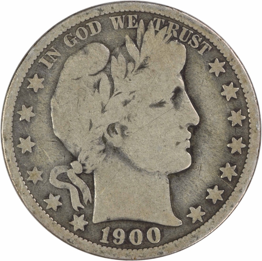 Barber Half Dollar 1900-O Silver Coin VG Grade Uncertified: Barber Half Dollar 1900-O Silver Coin VG Grade Uncertified This 1900-O Barber Half Dollar is a circulated coin minted in New Orleans. Designed by Charles E. Barber, it is composed of 90% silver and 10