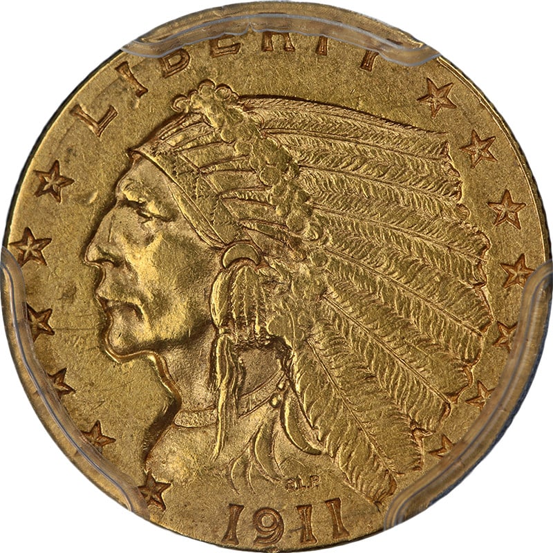 1911-D Indian Gold $2.50 Coin PCGS AU55 Strong Mintmark: 1911-D Indian Gold $2.50 Coin PCGS AU55 Strong Mintmark This 1911-D Indian Gold $2.50 coin features a striking design and exhibits nice eye appeal. Graded by PCGS as AU55, it showcases decent color an