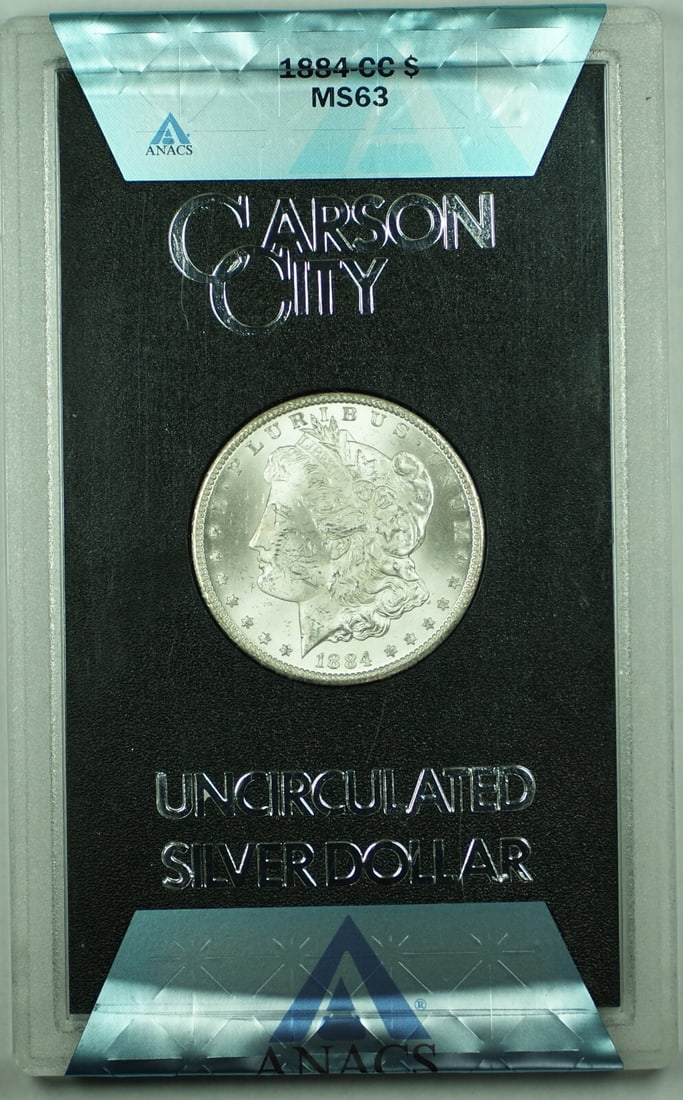 1884-CC Morgan Silver Dollar ANACS MS 63 Carson City GSA Holder: 1884-CC Morgan Silver Dollar ANACS MS 63 Carson City GSA Holder This 1884-CC Morgan Silver Dollar features an uncirculated condition and is certified by ANACS with a grade of MS 63. Minted in Carson C