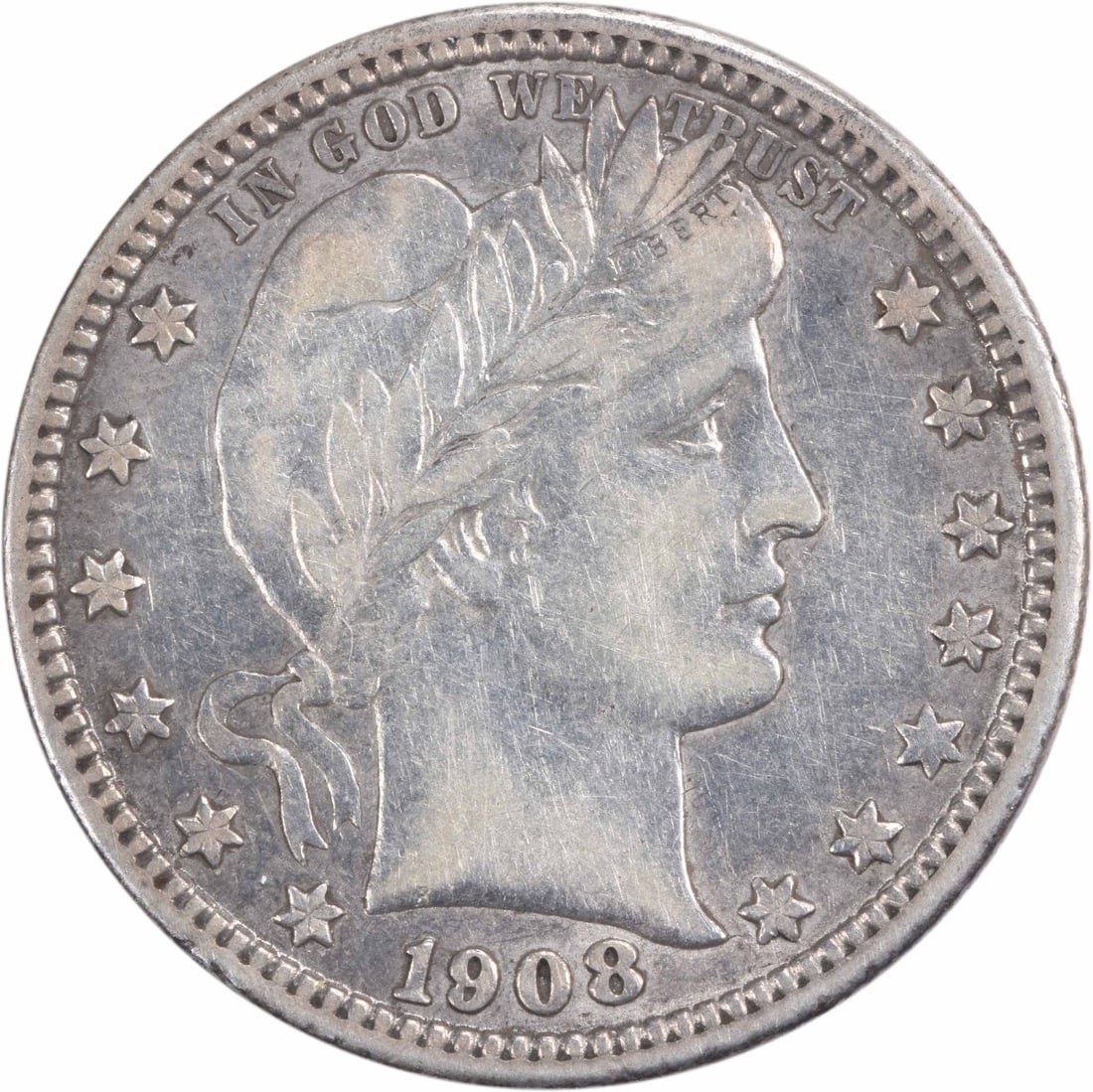 1908-D Barber Silver Quarter Choice VF Uncertified 25C: 1908-D Barber Silver Quarter Choice VF Uncertified 25C This 1908-D Barber Silver Quarter showcases a rich history and craftsmanship, designed by renowned engraver Charles E. Barber. Struck in Denver, 