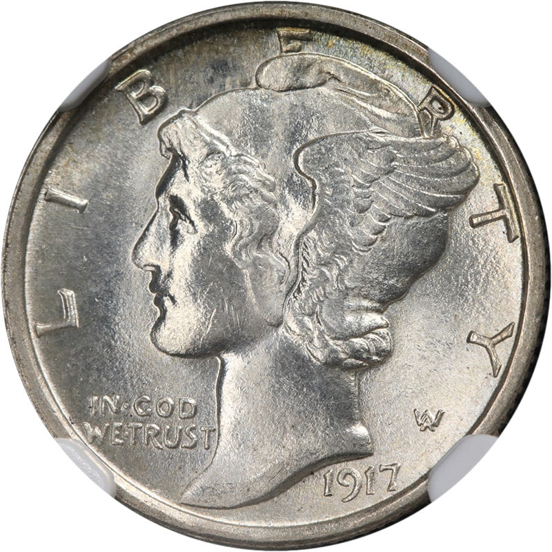 1917-S Silver Mercury Dime NGC MS65 FB with Full Bands: 1917-S Silver Mercury Dime NGC MS65 FB with Full Bands This 1917-S Mercury Dime is certified by NGC as MS65 FB, featuring superb eye appeal, remarkable luster, and a strong strike. The coin displays e