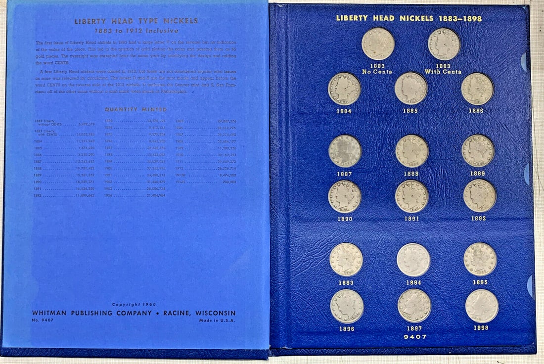Liberty V Nickel Full Collection 1883 to 1912 in Whitman Deluxe Album: Liberty V Nickel Full Collection 1883 to 1912 in Whitman Deluxe Album This set features Liberty V nickels from 1883 to 1912, housed in a Whitman Deluxe Album. The coins originate from the United State