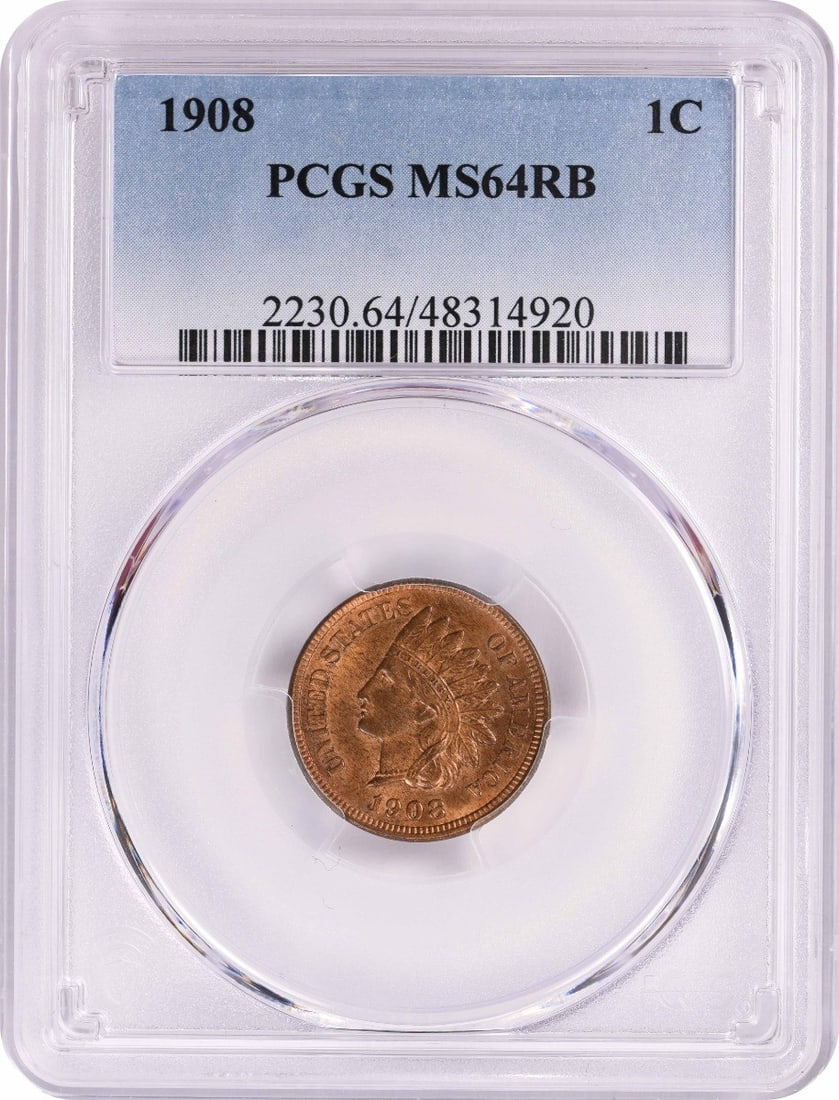 1908 Indian Head Cent MS64RB PCGS Uncirculated Copper Coin: 1908 Indian Head Cent MS64RB PCGS Uncirculated Copper Coin This 1908 Indian Cent is a stunning piece for any coin collector, graded MS64 by PCGS, indicating its high quality and uncirculated condition