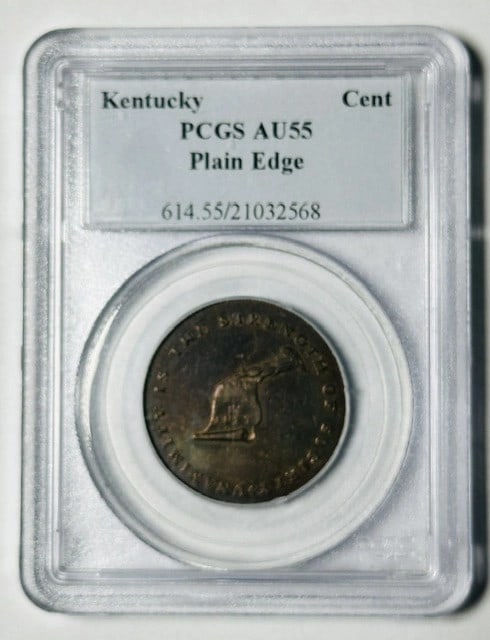 1790 Kentucky Copper Token PCGS AU55 Brown Plain Edge USA: 1790 Kentucky Copper Token PCGS AU55 Brown Plain Edge USA This 1790 Colonial Kentucky token is composed of copper and has received an AU-55 grade from PCGS, indicating it is in About Uncirculated cond