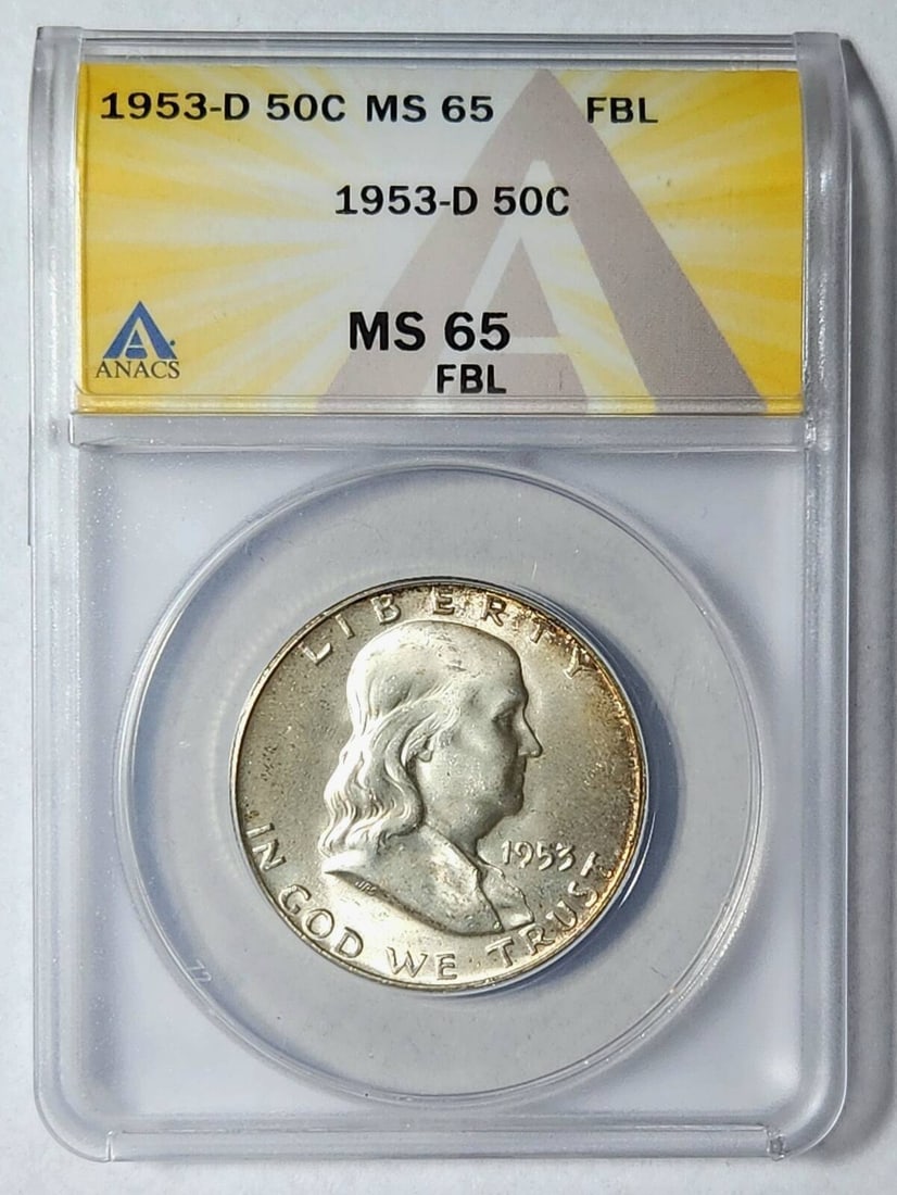 1953 D Franklin Half Dollar Silver ANACS MS-65 FBL Certified: 1953 D Franklin Half Dollar Silver ANACS MS-65 FBL Certified This 1953 D Franklin Half Dollar is certified by ANACS with a grade of MS-65, showcasing its uncirculated condition. Minted in Denver, this