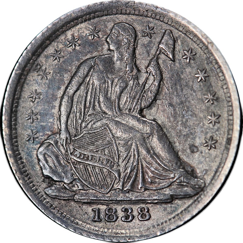 1838 Seated Liberty Half Dime No Drapery Small Stars Silver: 1838 Seated Liberty Half Dime No Drapery Small Stars Silver This 1838 Seated Liberty Half Dime features the 'No Drapery' and 'Small Stars' design, showcasing beautiful eye appeal and a strong strike. 