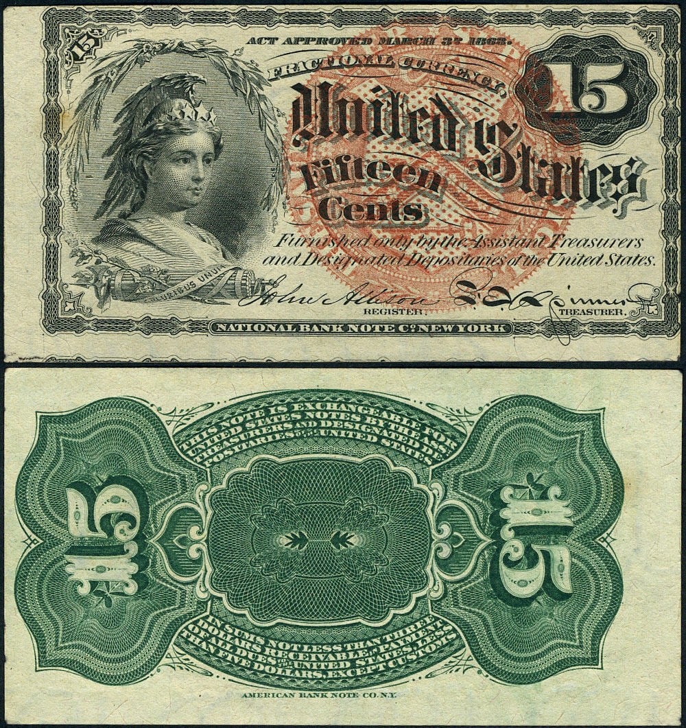 FR. 1267 15c 4th Issue AU Circulated Fractional Note Uncertified: FR. 1267 15c 4th Issue AU Circulated Fractional Note Uncertified This 15 cent fractional note from the 4th issue is graded as About Uncirculated (AU). It features original paper quality with vibrant c
