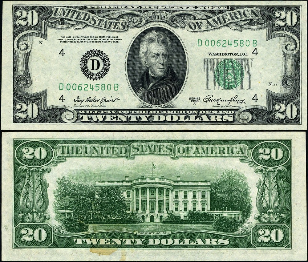 1950-A $20 Federal Reserve Note Cleveland D-B Block Uncirculated: 1950-A $20 Federal Reserve Note Cleveland D-B Block Uncirculated This 1950-A $20 Federal Reserve Note from the Cleveland district (FR. 2060 D) is classified as Choice Uncirculated (CU), showcasing ori