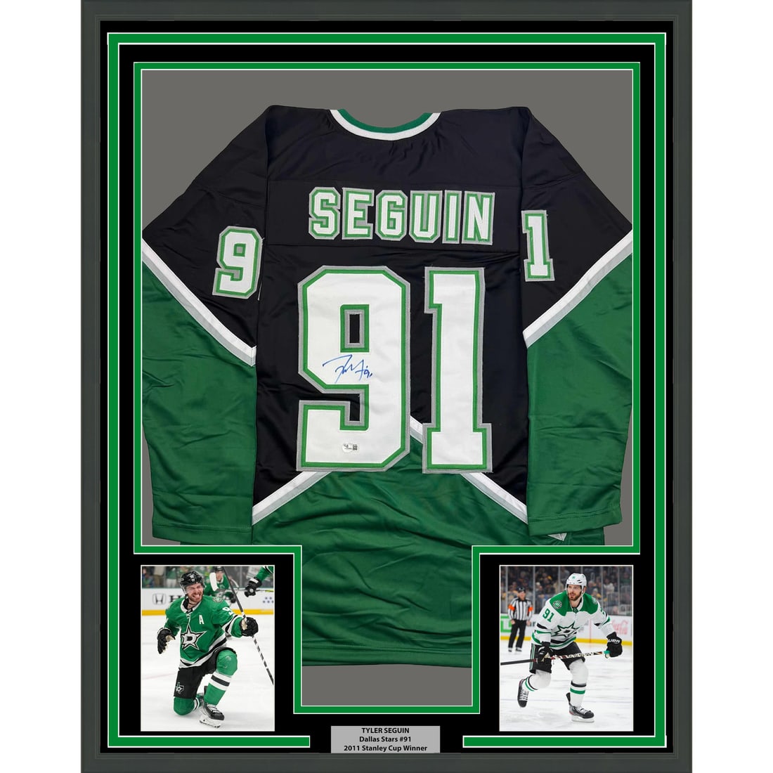 Tyler Seguin Signed Dallas Black Jersey 35x39 Framed with Beckett COA: Tyler Seguin Signed Dallas Black Jersey 35x39 Framed with Beckett COA This framed display features a Dallas Stars black jersey autographed by Tyler Seguin. The jersey is professionally framed and matt