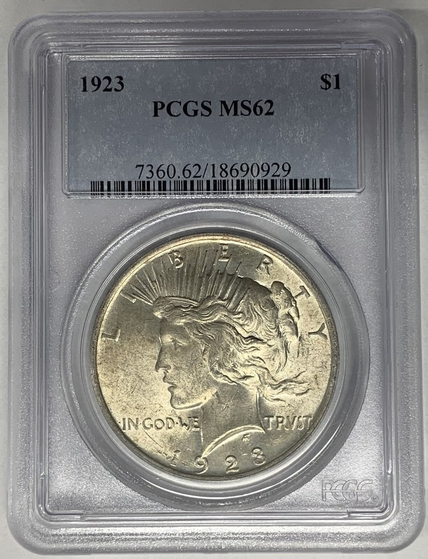 PCGS MS 62 1923 Peace Dollar Silver Coin United States Certified: PCGS MS 62 1923 Peace Dollar Silver Coin United States Certified This 1923 Peace Silver Dollar features a composition of silver and has been graded MS 62 by PCGS. Issued by the United States, it is an